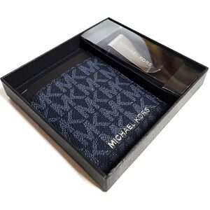 MICHAEL KORS Dark Blue Coated Canvas Monogram Card Case with Bill Clip